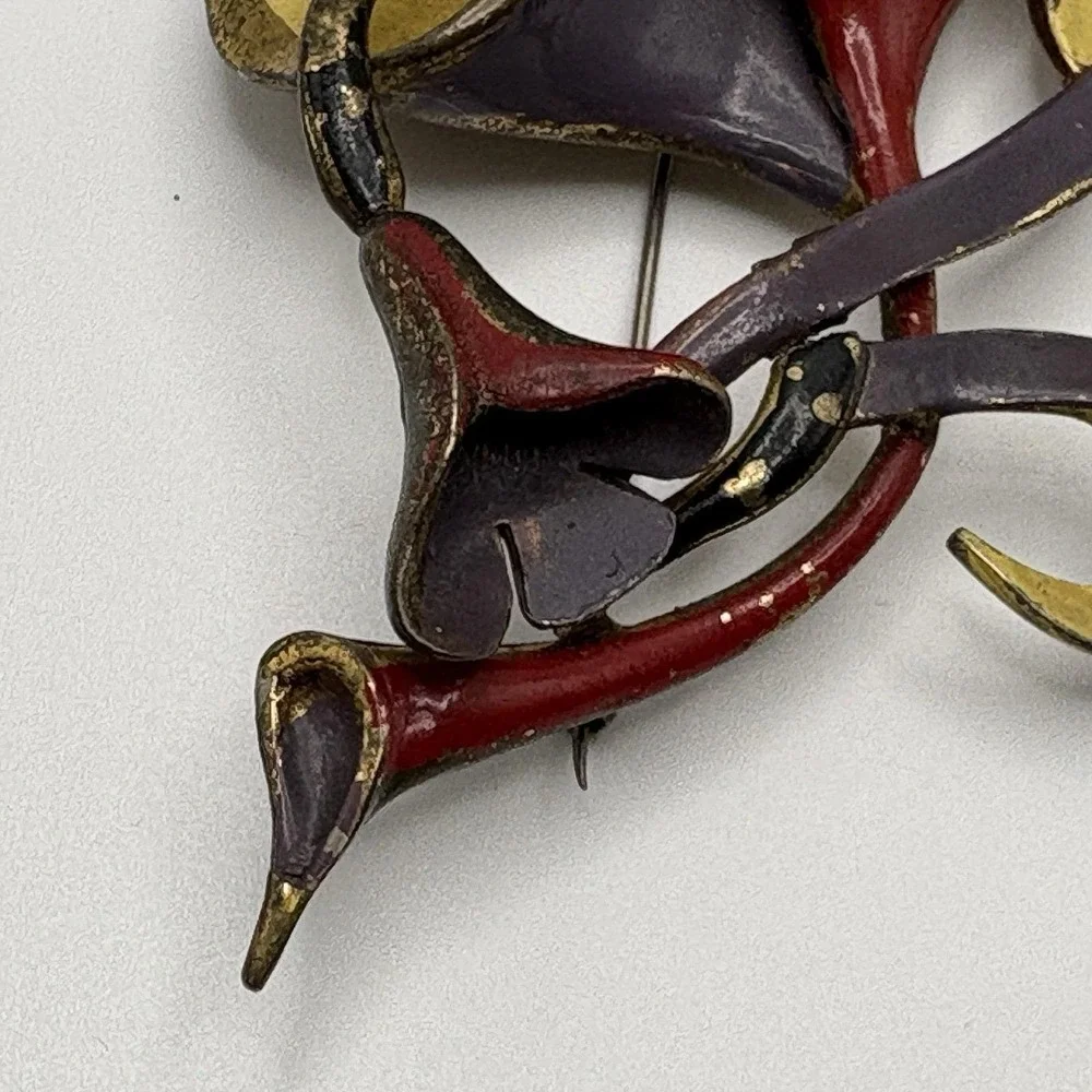 Vintage Pot Metal Brooch Flowers Calla Lily Hand Painted Red Purple Yellow